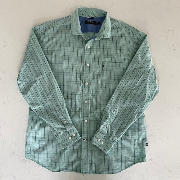 Nautica LS Button Down Cotton Tencel Blend Check Shirt Soft Green Blue Sz L - Picture 2 of 13